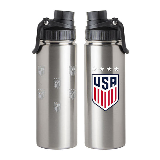 Logo USWNT 21 oz. Twist Top Stainless Steel Bottle in Silver  - Front and Back View