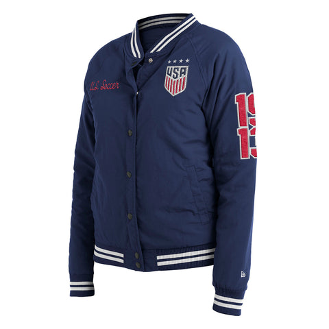 Women's New Era USWNT Nylon Snap Front Navy Jacket - Front/Side View