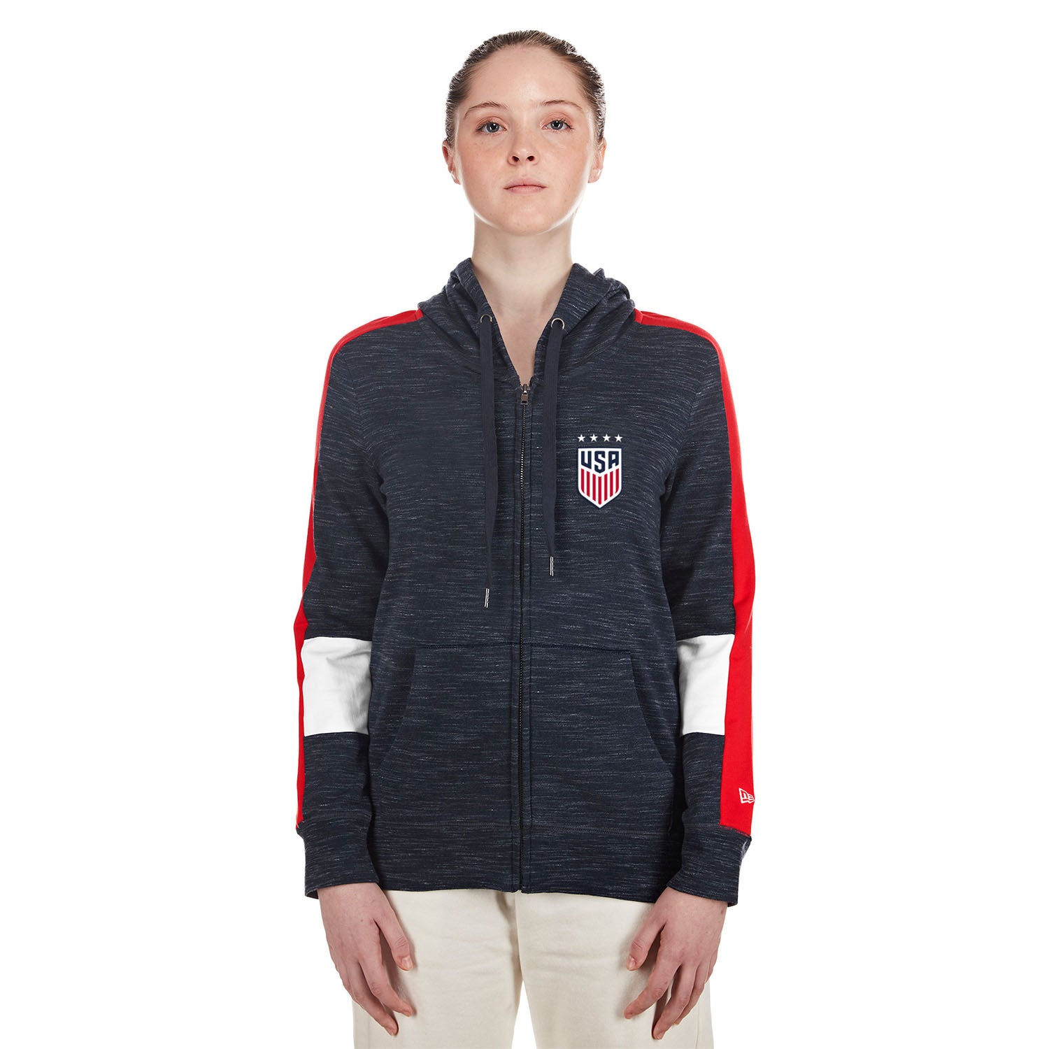 Women's New Era USWNT Space Dye Hooded Jacket in Navy - Front View