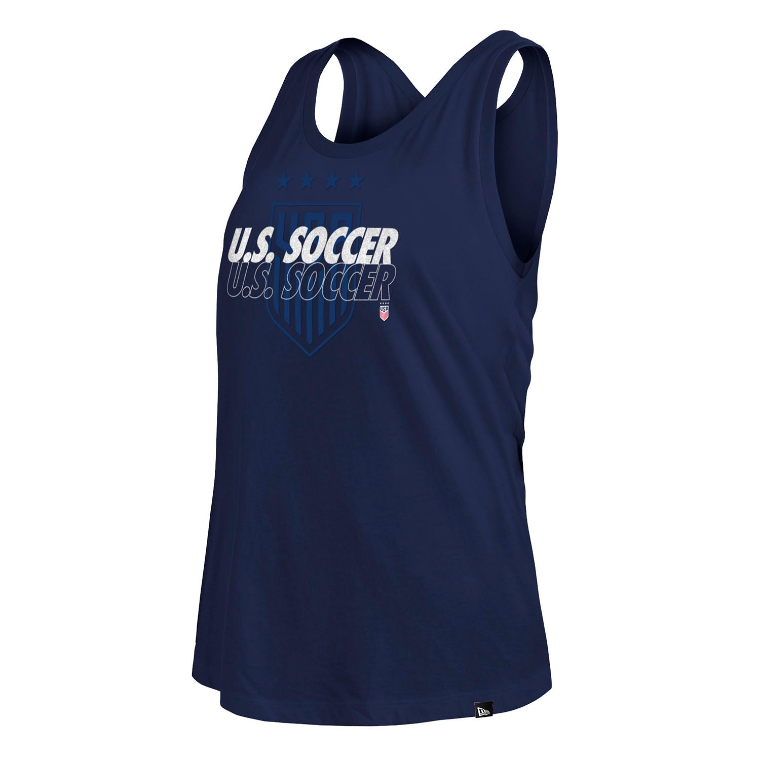 Women's New Era USWNT Glitter Open Back Navy Tank - Front/Side View