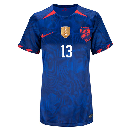 Morgan 13 Women's Nike USWNT Away Stadium Jersey in Blue - Front View