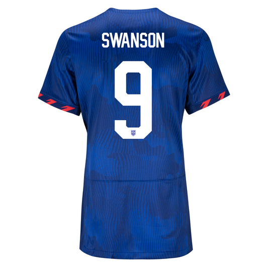 Swanson 9 Women's Nike USWNT Away Stadium Jersey in Blue - Back View