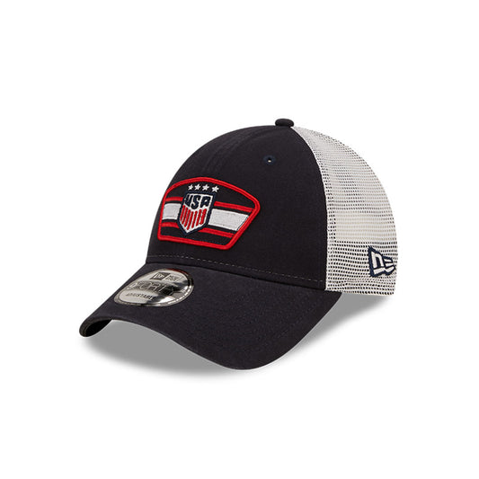 Men's New Era USWNT 9Forty Logo Patch Trucker Mesh Hat in Navy - Front/Side View
