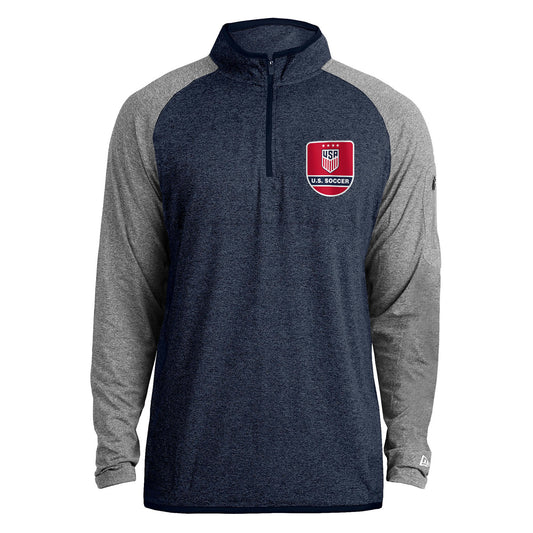 Men's New Era USWNT 1/4 Zip LS Spandex Pullover Jacket in Blue and Grey - Front View