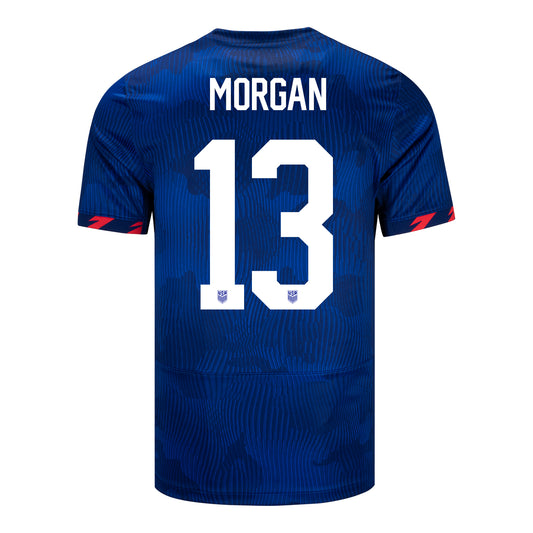 Morgan 13 Men's Nike USWNT Away Stadium Jersey in Blue - Back View