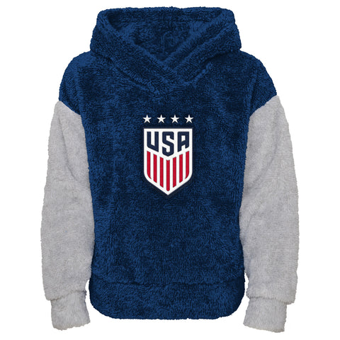 Girls Outersuff US WNT Game Time Teddy Fleece Pullover in Grey and Blue - Front View