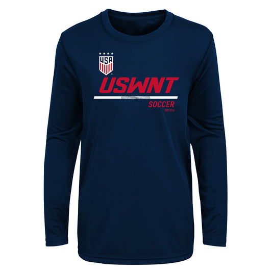 Youth Outerstuff US WNT Engage Poly Navy LS Tee - Front View
