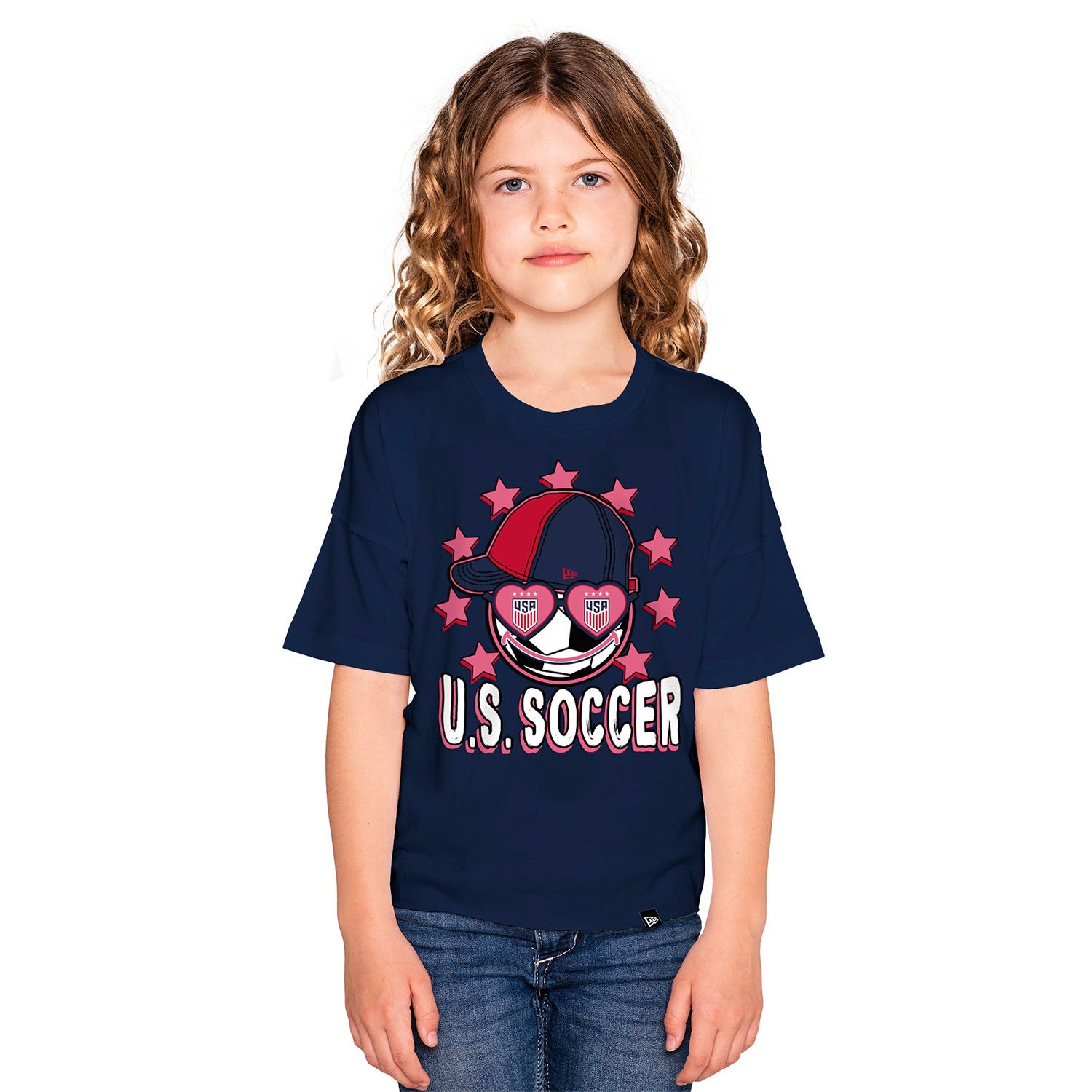 Girls New Era USWNT Raw Edge Glitter Tee in Navy - Front View