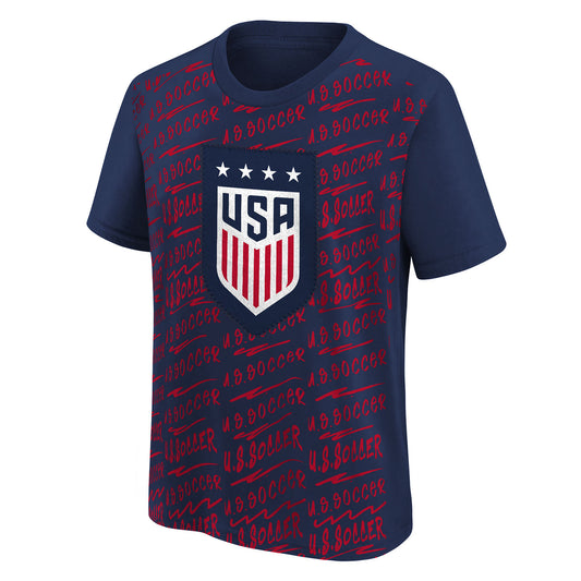Youth Outerstuff USWNT Exemplary All Over Print Tee in Navy - Front View