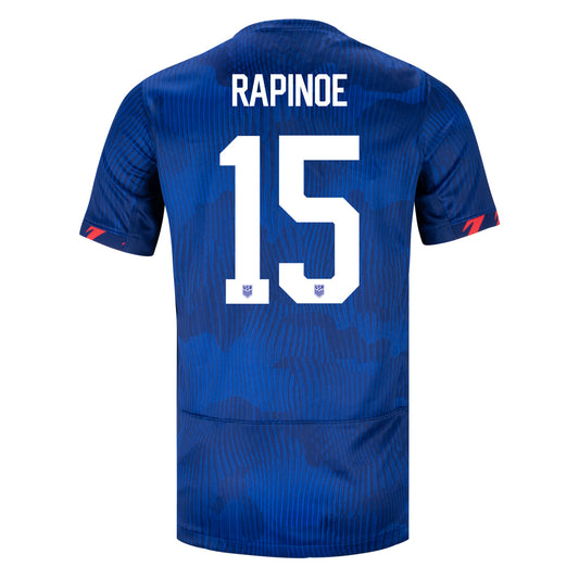 Rapinoe 15 Youth Nike USWNT Away Stadium Jersey in Blue - Back View