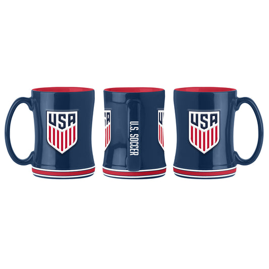Logo Brands USA 14 oz. Relief Sculpted Navy Mug - Front, Side, and Back View