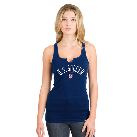 Women's New Era Rib Spit Front Navy Tank - Front View on Model