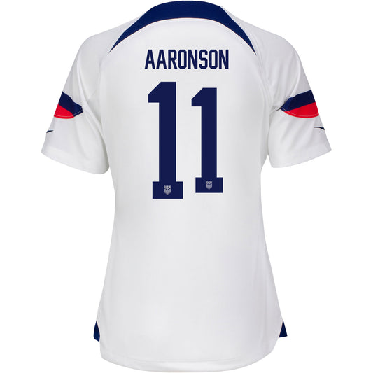 Women's Nike USMNT Aaronson 11 Home Jersey in White - Back View
