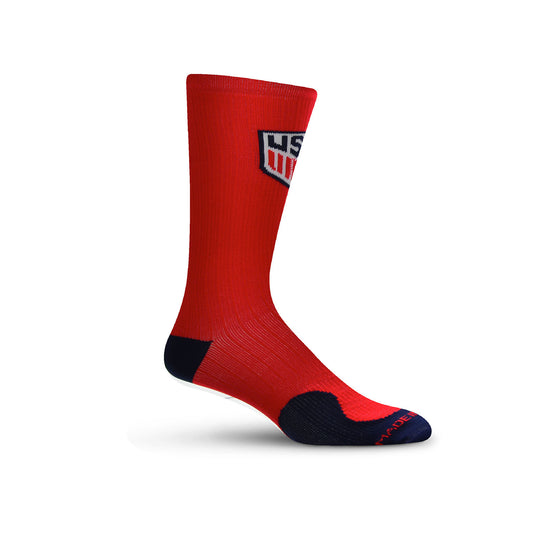 Fore Bare Feet USMNT Logo Graphic Red Crew Socks - Front/Side View
