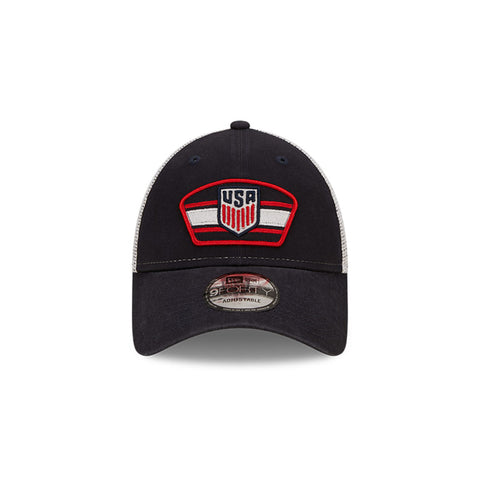 Men's New Era USMNT 9Forty Logo Patch Trucker Mesh Hat in Navy - Front View