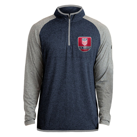 Men's New Era USMNT LS 1/4 Zip Spandex Pullover in Blue and Grey - Front View