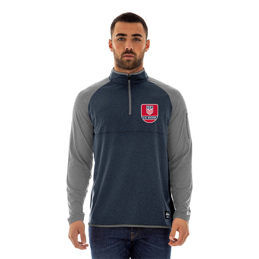Men's New Era USMNT LS 1/4 Zip Spandex Pullover in Blue and Grey - Front View