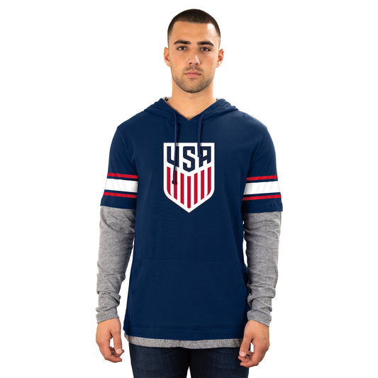 Men's New Era USMNT Brushed Two-Fer Hoody Pullover in Navy, Grey, White, and Red - Front View