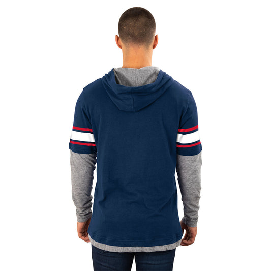 Men's New Era USMNT Brushed Two-Fer Hoody Pullover in Navy, Grey, White, and Red - Back View
