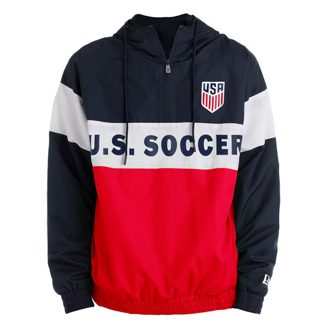 Men's New Era USMNT Rip Stop 3/4 Zip Pullover Hoodie in Navy, White, and Red- Front View