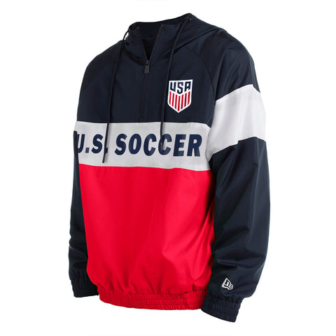 Men's New Era USMNT Rip Stop 3/4 Zip Pullover Hoodie in Navy, White, and Red- Front/Side View