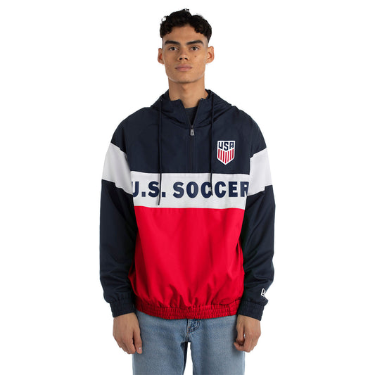 Men's New Era USMNT Rip Stop 3/4 Zip Pullover Hoodie in Navy, White, and Red - Front View