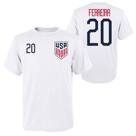 Youth Outerstuff USMNT Ferreira 20 White Tee - Front and Back View