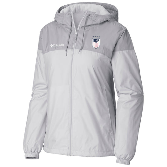 Women's Columbia USWNT Flash Forward Lined Windbreaker in White and Grey - Front View